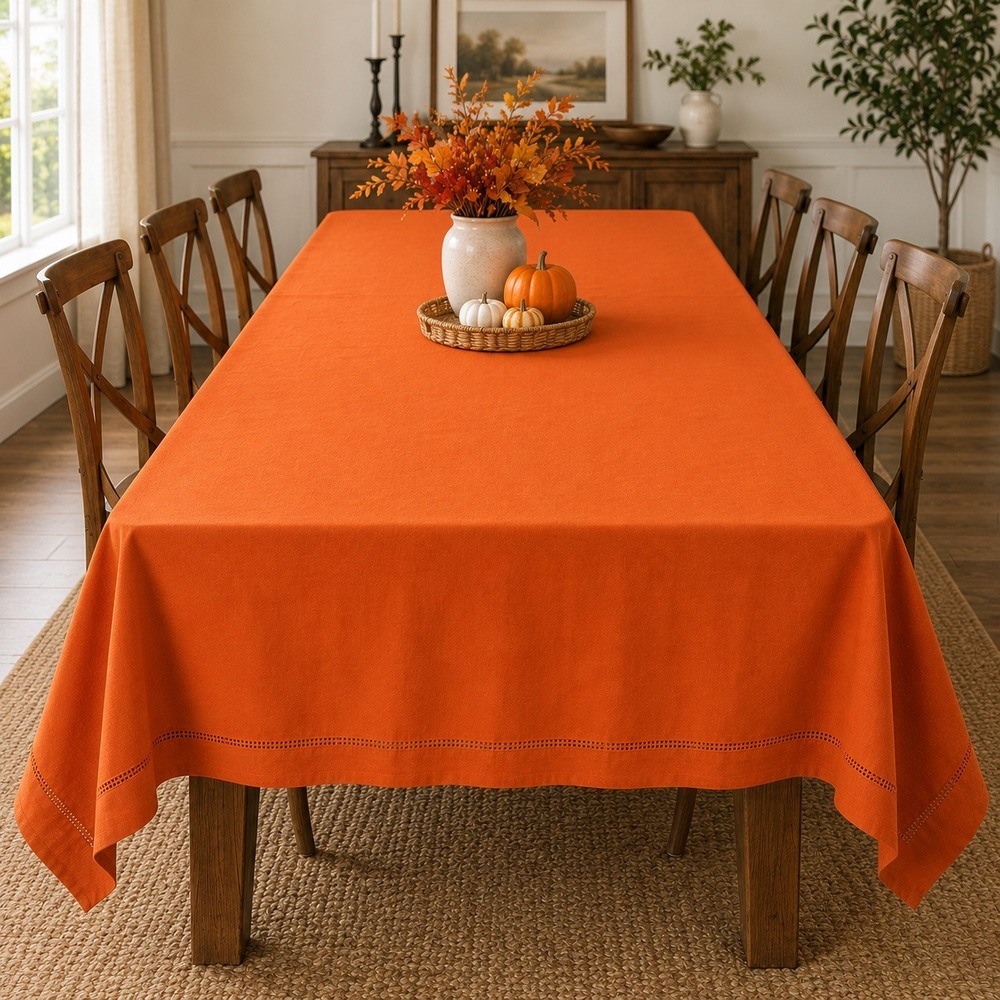 Hobby Lobby Orange 100% Cotton Hemstitch Tablecloth 60x96 Fall Thanksgiving